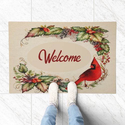 Warm Red Cardinal and Wreath Fall Holiday Welcome Doormat