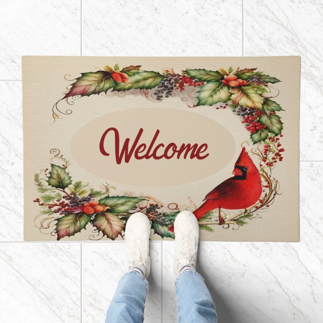 Warm Red Cardinal and Wreath, Fall Holiday Welcome Doormat (Indoor)