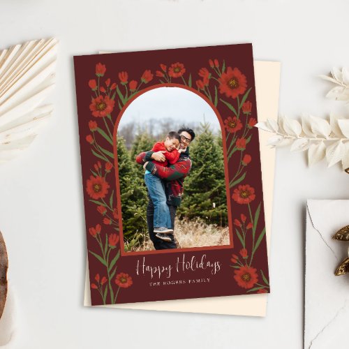 Warm Red Flowers Boho Arched Photo Holiday Card