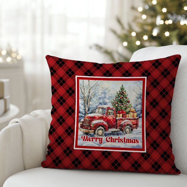 Warm red truck winter scene rustic red green  throw pillow (Warm red truck winter scene rustic red green pillow decor

)