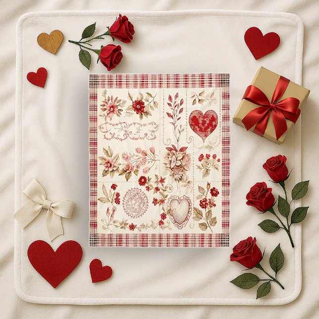 Warm Red Vintage Floral Heart Patchwork Fleece Blanket (Creator Uploaded)