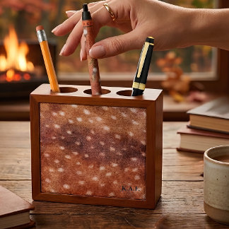 Warm Russet Fawn Pattern Wooden Custom Monogram Desk Organizer