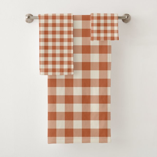 Warm Rustic Autumn Brown Cozy Checkerboard Pattern Bath Towel Set (Insitu)