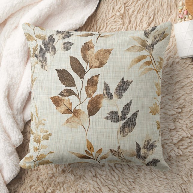 Warm Rustic Fall Leaves Pattern in Brown & Gray Throw Pillow (Blanket)