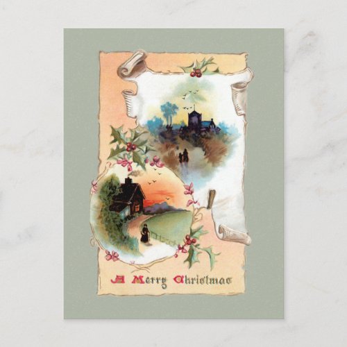 Warm Rustic Homesteads Holly and Merry Christmas Postcard