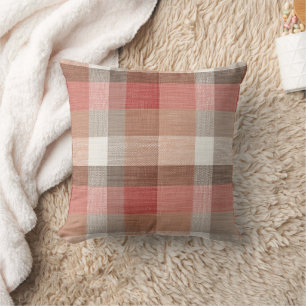 Warm Rustic Plaid Fabric Texture in Coral Throw Pillow