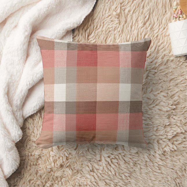 Warm Rustic Plaid Fabric Texture in Coral Throw Pillow (Blanket)