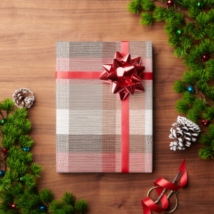 Warm Rustic Plaid Fabric Texture in Coral Wrapping Paper