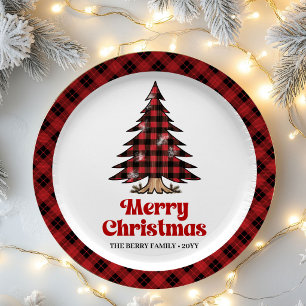 Warm Rustic Plaid Tree Christmas Party Paper Plate