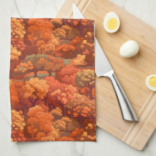 Warm Rustic Watercolor Fall Trees Boho Aesthetic Kitchen Towel