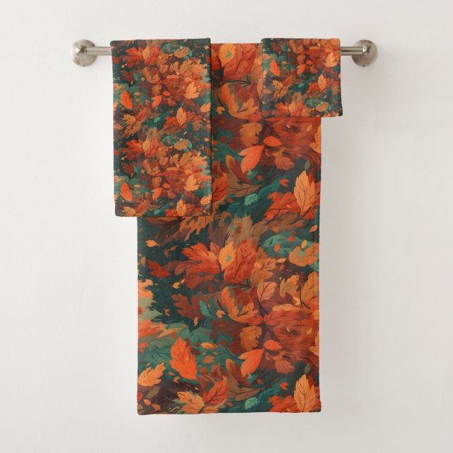 Warm Rustic Watercolor Leaves - Boho Aesthetic Bath Towel Set (Insitu)
