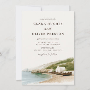 Warm Sand Muted Teal Olive Script Coastal Wedding Invitation