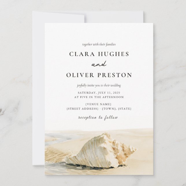 Warm Sand Shell Cream Script Outer Banks Wedding  Invitation (Front)