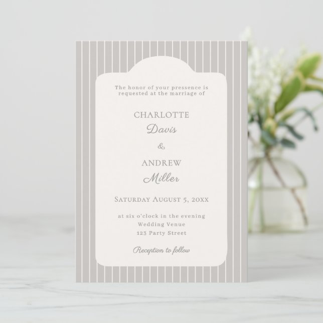 Warm silver ivory Pinstriped Wedding  Invitation (Standing Front)