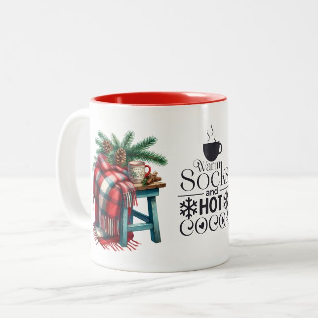 Warm Socks and Hot Cocoa Blanket Pine Branches Two-Tone Coffee Mug (Front Left)