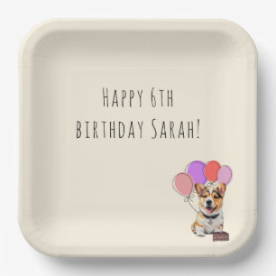 Warm Soft Cream Ivory - Corgi Birthday Paper Plates
