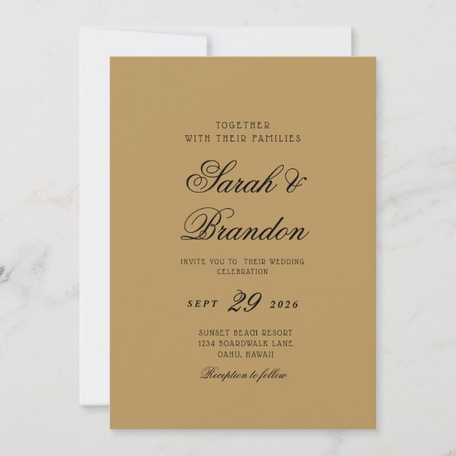 Warm Solid Color Minimalist Script Wedding Invitation (Front)