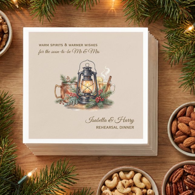 Warm Spirits Winter Lantern Dinner Rehearsal Napkins (Winter Rehearsal Dinner Wedding Shower napkins by Darling & May)