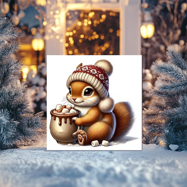 Warm Squirrel with Hot Cocoa and Winter Hat Holiday Card (Creator Uploaded)