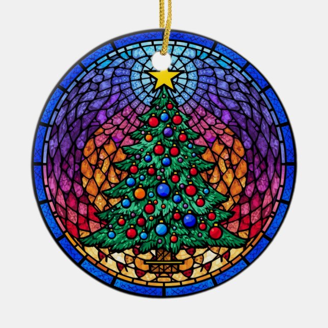 Warm Stained Glass Reindeer Portrait Ceramic Ornament (Front)