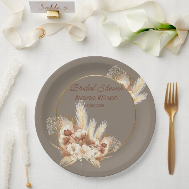 Warm Stone Boho Pampas Grass Shower Paper Plates (Wedding)
