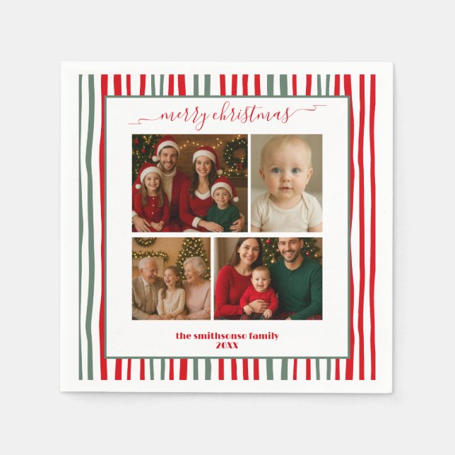 Warm Stripes family Photo merry Christmas Napkins (Front)