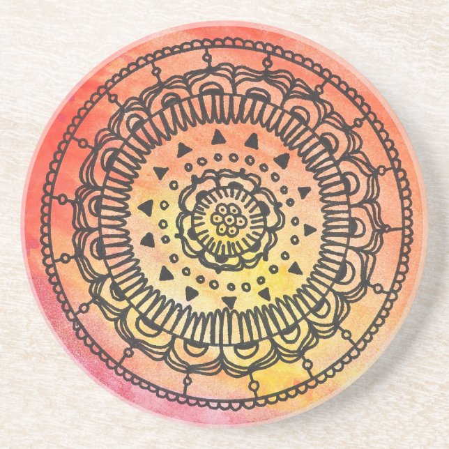 Warm Sun Mandala Coaster. Sandstone Coaster (Front)