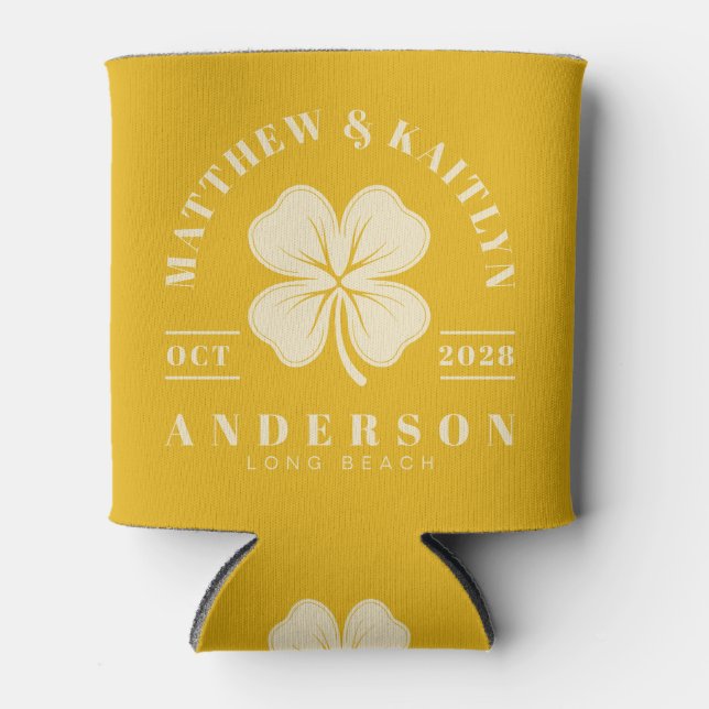 Warm Sunflower Irish Lucky Clover Wedding Crest Can Cooler (Front)