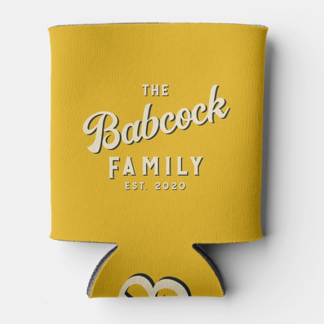 Warm Sunflower Retro Family Name & Year Can Cooler (Front)