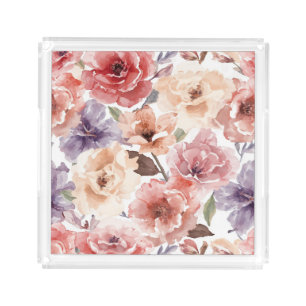 Warm Sunset Peony Watercolor Rose Floral Acrylic Tray