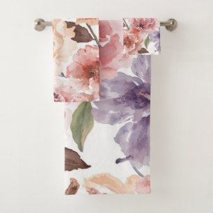 Warm Sunset Peony Watercolor Rose Floral Bath Towel Set