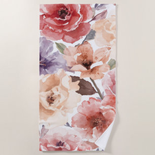 Warm Sunset Peony Watercolor Rose Floral Beach Towel