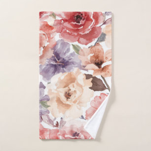 Warm Sunset Peony Watercolor Rose Floral Hand Towel