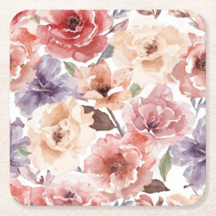 Warm Sunset Peony Watercolor Rose Floral Square Paper Coaster