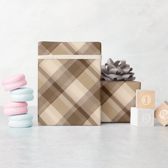 Warm Tan Brown Cabin Check Oak Plaid Pattern Wrapping Paper (Baby Shower)