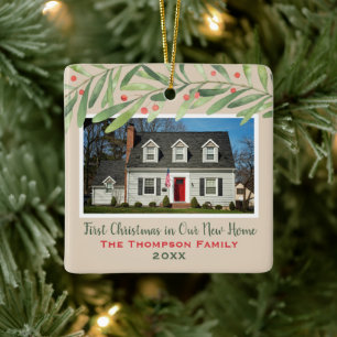 Warm Tan Greenery First Christmas New Home Ceramic Ornament