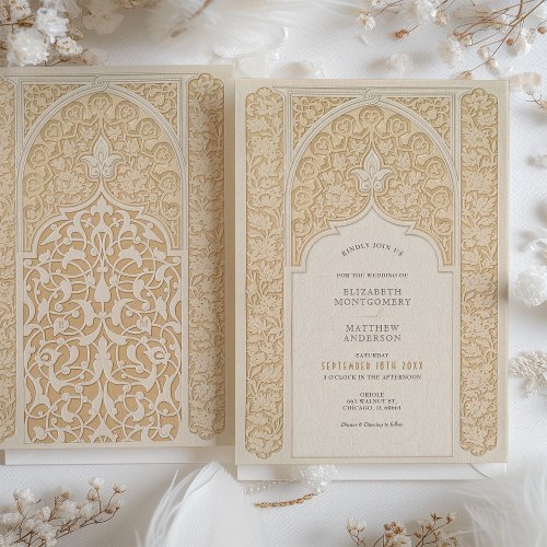 Warm Taupe  Cream Lace Art Nouveau Wedding Invitation