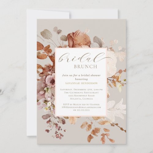 Warm Taupe Floral Bridal Brunch Shower Invitation