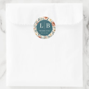 Warm Teal Floral Gratitude Classic Round Sticker