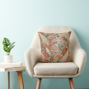 Warm Terracotta Boho Botanical Pampas Pattern Throw Pillow