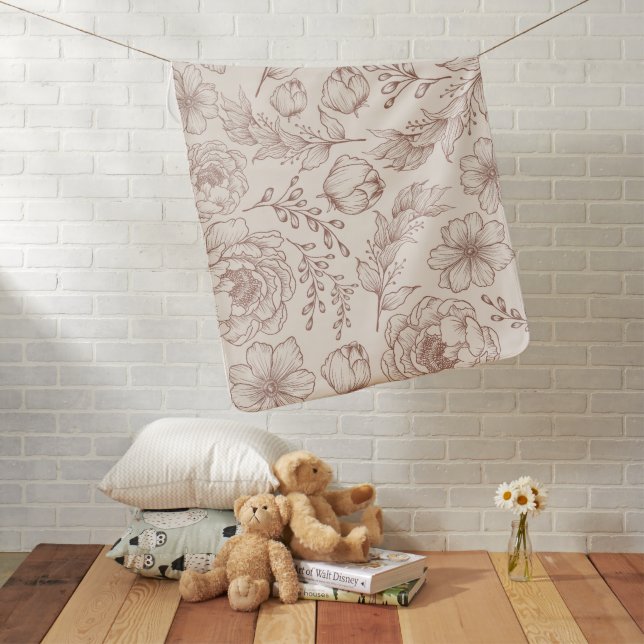 Warm Terracotta Botanical Floral Pattern Neutral Baby Blanket (In Situ)