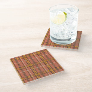 Warm Terracotta Mustard Plaid Aesthetic Glass Coaster