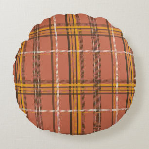 Warm Terracotta Mustard Plaid Aesthetic Round Pillow