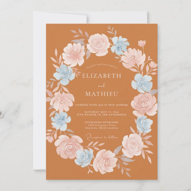 Warm Terracotta Periwinkle Wreath Wedding Invitation (Front)