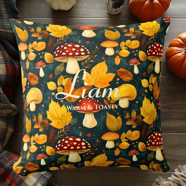 Warm & Toasty Mushrooms & Leaves | Cozy Fall Decor Throw Pillow (Creator Uploaded)