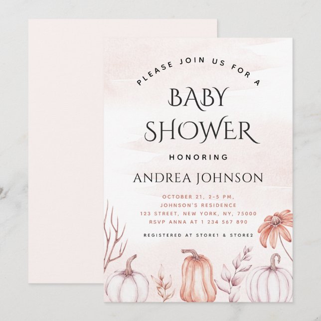 Warm Tone Blush Pumpkin Fall Autumn Baby Shower Invitation (Front/Back)