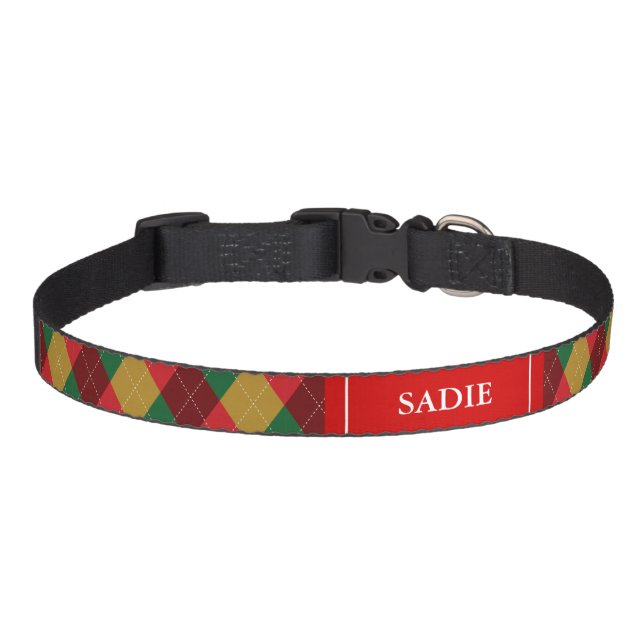 Warm Tones Argyle Pattern With Dog's Name Pet Collar (Front)