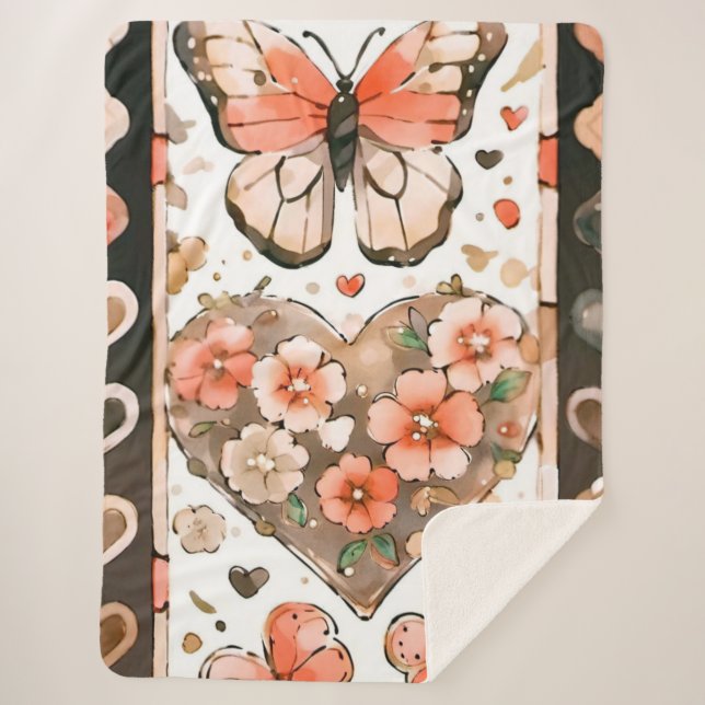 Warm Tones Butterfly and Floral Print Sherpa Blanket (Front)