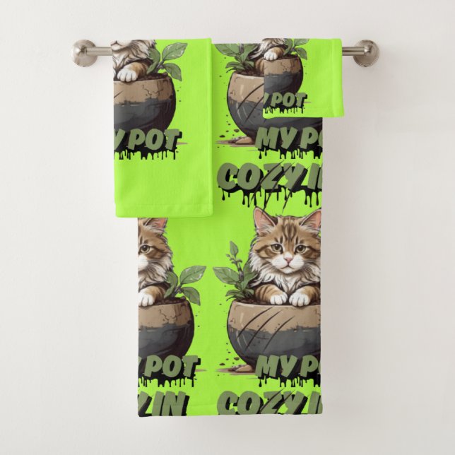 Warm Tones Kitten Pot Delight Bath Towel Set (Insitu)