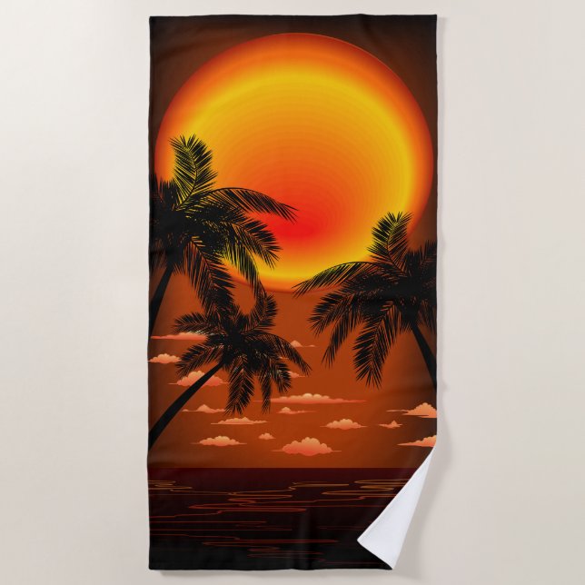 Warm Topical Sunset and Palm Trees Beach Towel (Front)